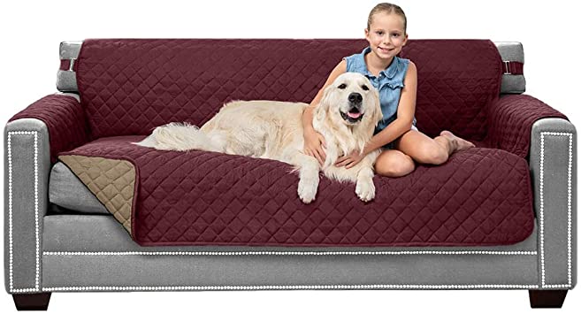 Sofa Shield Original Patent Pending Reversible Large Sofa Protector, Many Colors, Seat Width to 70 Inch, Furniture Slipcover 2 Inch Strap, Couch Slip Cover Throw for Pet Dogs, Cats, Kids, Burgundy Tan