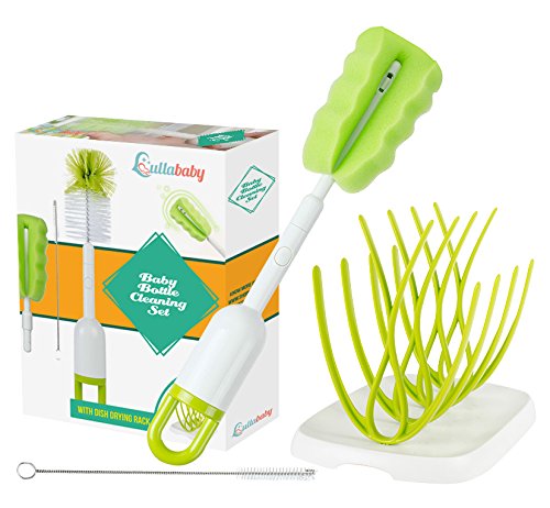 Baby Bottle Brush Cleaning Set - with Bonus Drying Rack | Cleans All Kinds Of Baby Bottles & Accessories | Bottle Cleaning Brush | Ergonomic Non-Slip Grip | Bpa Free