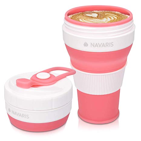 Navaris Collapsible Coffee Cup 15oz - Silicone Folding Travel Mug for Outdoors, On The Go - BPA Free Drinking Cup with Lid and Sleeve - FDA Approved