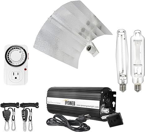 iPower 1000W HPS MH Digital Dimmable Grow Light System Kit 19-Inch Gull Wing Reflector with Electronic Ballast, Two Bulbs, Timer and Hanger Rope