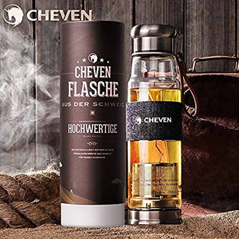 CHEVEN Tea Infuser Tumbler & Glass Water Bottle 20/13oz / Single/Double Wall Borosilicate Glass with Spill-proof stainless Lid and Strainer / Stylish Denim Insulated Thermo Sleeve and Travel Sleeve