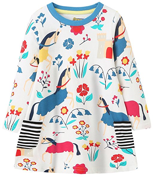 Fiream Girls Cotton Longsleeve Casual Dresses Print Cartoon by