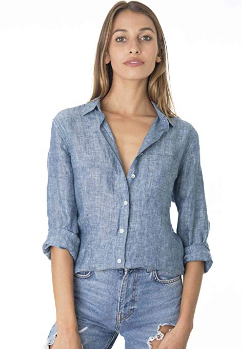 CAMIXA Women's 100% Linen Casual Shirt Slim Fit Button-Down Airy Basic Blouse