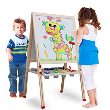 Toyzoo Wooden Standing Art Easel Adjustable Dry Erase Board and Chalkboard with Accessories Set
