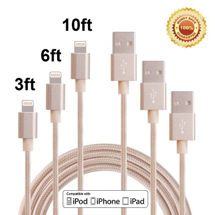 Bestfy 3Pack 3FT 6FT 10FT 3IN1 Extra Long Nylon Braided 8Pin to USB Charging Cable Cord with Aluminum Heads for iPhone 66s6 Plus55c5s iPad 4 Mini Air iPod Nano 7 iPod Touch 5 Golden