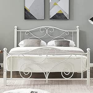 VECELO Full Size Bed Frame with Headboard and Footboard, Heavy Duty Metal Slat Support, Platform Mattress Foundation, No Box Spring Needed, Easy Assembly, White