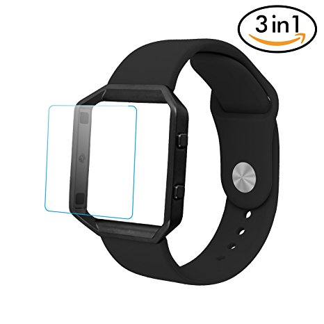 For Fitbit Blaze Bands 3 in 1 Watch Wristband Strap Soft Silicone Replacement, Protective Case Cover Black Frame with Screen Protector,Smart Fitness Watch Classic Bracelet for Men Women, Black