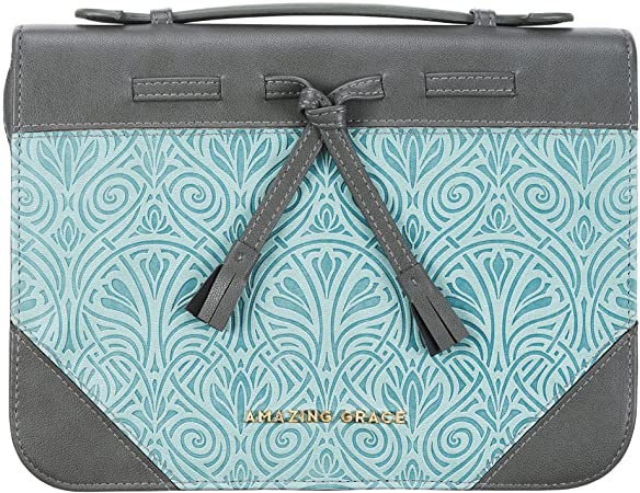 Christian Art Gifts Women's Fashion Bible Cover Amazing Grace, Turquoise/Gray Tassels Faux Leather, Medium