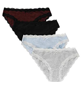 ATTRACO 4 Pack Women's Cotton Bikini Briefs Lace Trim Underwear Hipster Panties Knikcers