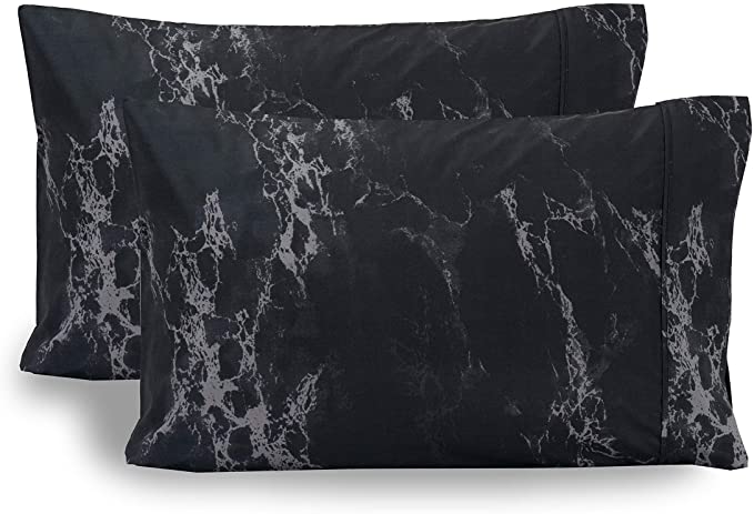 Elegant Comfort Luxury Ultra-Soft 2-Piece Pillowcase Set 1500 Thread Count Egyptian Quality Microfiber Double Brushed-100% Hypoallergenic-Wrinkle Resistant, King Size, Marble Pattern Black