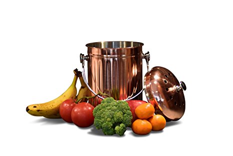 Kitchen Countertop Compost Bin with Lid, Copper Plated Stainless Steel Pail with Bonus 1 Years Worth of Activated Charcoal Filters (1 Gallon)