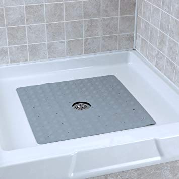 SlipX Solutions Gray Square Rubber Safety Shower Mat with Microban Provides Reliable Slip-Resistance in Shower Stalls (Mildew Resistant, 140 Suction Cups, Great Drainage)