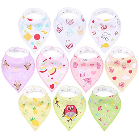 Baby Bandana Drool Bibs, 10 Pack Stay-Dry Mealtime Bibs for Girls with Organic Cotton, 2 Snaps, Unique Prints, Stain and Odor Resistant, Super Absorbent and Soft Shower Gift for Drooling and Teething
