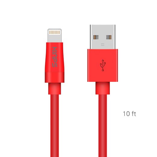 Apple Cable, MFi Certified Lightning Cable- Kinps 10FT/ 3M 8 pin Lightning Sync and Charge Cable for iPhone 6S/6S Plus, iPad and iPod, Compatibility with All Cases (Red - 1PCS)