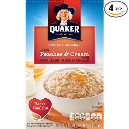 Quaker Instant Oatmeal, Peaches & Cream, Breakfast Cereal, 10 (1.23 Oz) Packets Per Box (Pack of 4)