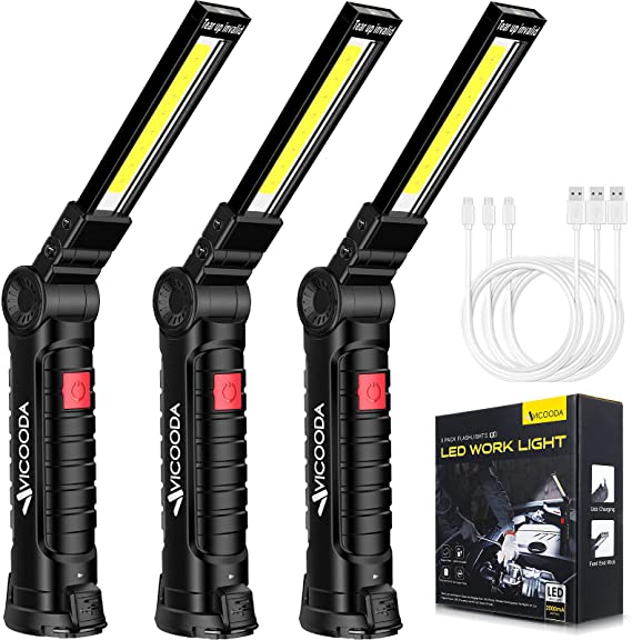 3 Pack Flashlights, LED Work Light, Work Light with Magnetic Base and Hanging Hook, 360°Rotate 5 Modes Rechargeable Work Light for Car Engines Repair, Grill, Emergency and All Tight Spots (3 Pack)