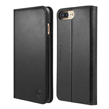 Eonfine iPhone 8 Plus/7 Plus/6s Plus/6 Plus Genuine Leather Case Magnetic Flip Wallet Sleeve Stand Case with 3 Card Slots & Cash Pocket - Black