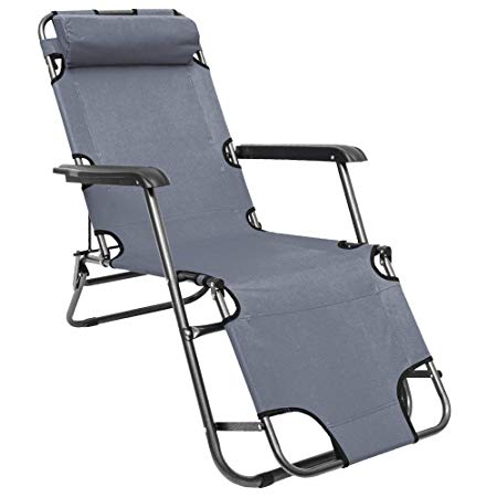AMANKA Folding Sun Lounger Foldable Deck Chair Reclining Garden Chair 153 cm   leg rest reclining back   headrest Grey