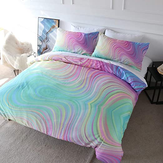 BlessLiving 3D Modern Pattern Bedding Set Duvet Cover Set Pastel Rainbow Marble Printed Comforter Cover 3 Pieces Bed Sets with 2 Pillow Cases (Full)