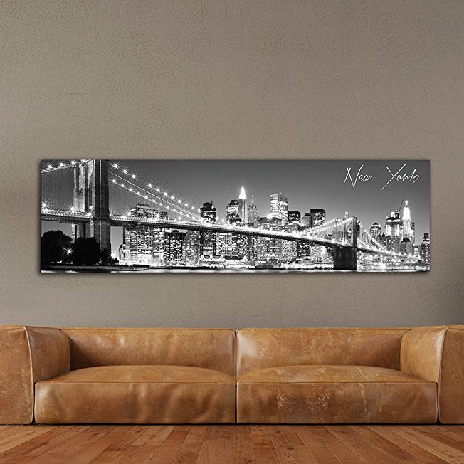 Black & White Panoramic Cities 14"X48" Canvas New York2 City 14"x 48" Wall Decoration Photography Image Printed on Canvas Stretched & Framed Ready to Hang