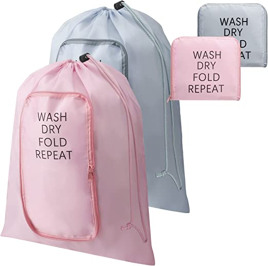 2 Pieces Travel Laundry Bags Dirty Clothes Bag for Traveling Lightweight and Expandable Washable Luggage Laundry Bag with Drawstring and Zipper for Suitcase, 21 x 22 Inches (Pink, Gray)