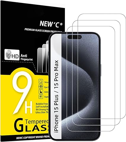 NEW'C 3 Pezzi, Vetro Temperato per iPhone 15 Pro Max /15 Plus (6,7"), Pellicola Prottetiva, Senza Bolle, Durezza 9H, 0,33mm Ultra Trasparente, Ultra Resistente