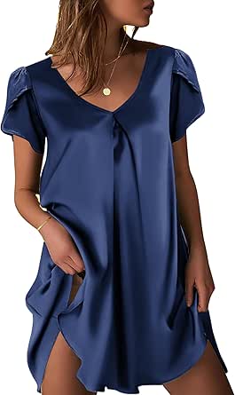 Ekouaer Women's Satin Nightgown Short Sleeve Sleepdress V-Neck Sleepwear Loose Silk Sleepshirt