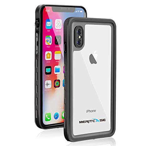 iPhone Xs Waterproof Case, Meritcase IP68 iPhone X Full Body Shockproof Case with Kickstand Wireless Charging Supported - Clear Black