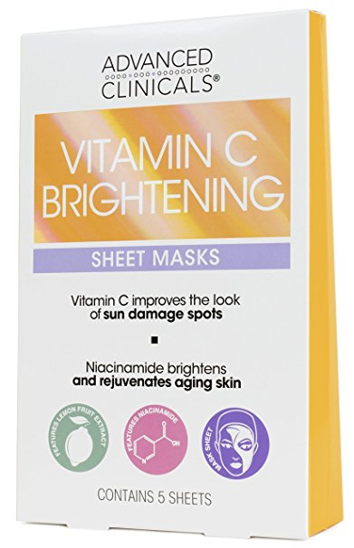 Advanced Clinicals Vitamin C Brightening Sheet Mask for dark spots. Brightening Sheet Mask Made in Korea. 5 per box.