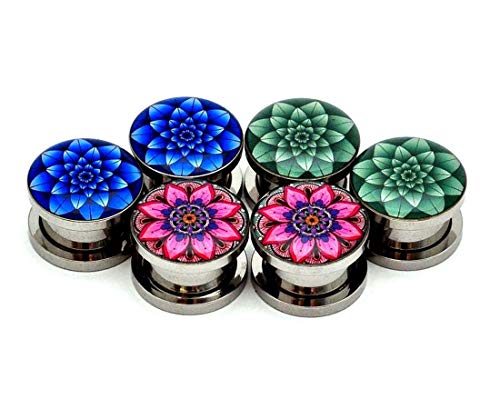 Set of 3 pairs Screw on Picture Plugs - Set #6 - (Blue Lotus, Green Lotus, Flower Mandala) - All 3 pairs included