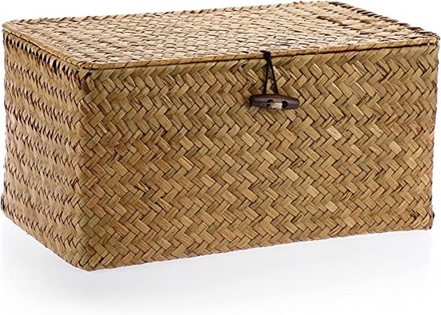 Hipiwe Wicker Shelf Baskets Bin with Lid, Handwoven Seagrass Basket Storage Bins Rectangular Household Basket Boxes for Shelf Wardrobe Home Organizer, Caramel Medium