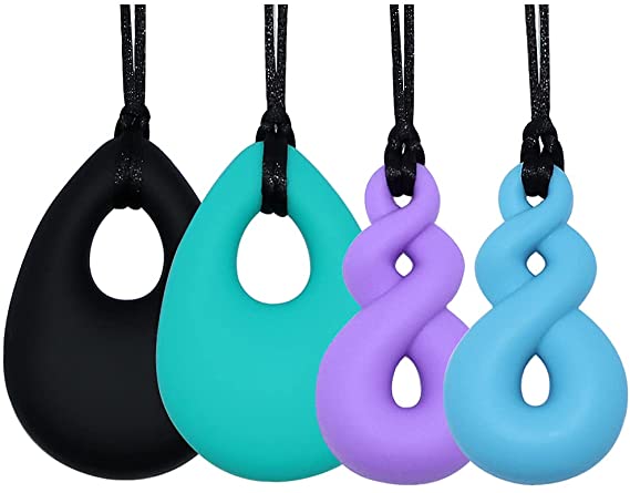 Chew Necklace for Baby Boys and Girls, 4 Pack Silicone Teething Necklace Teardrop Twist Pendants for Mom to Wear, Chewy Jewelry Toys for Autism or Oral Motor Special Needs BPA Free