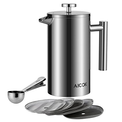 Aicok French Coffee Press Double Wall Stainless Steel Coffee and Tea Maker 8 Cup 34oz, 1L