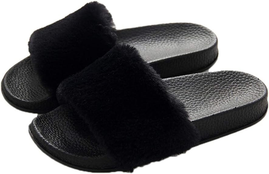 xsby Women's Soft Faux Fur Flat Slide Sandals Comfortable Slipper