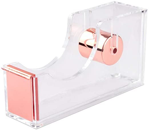 Desktop Clear Rose Gold Tape Dispenser, Acrylic Nonslip Tape Cutter Heavy Duty Modern Design Office Stationery Tape Dispenser, Great for Christmas Gift