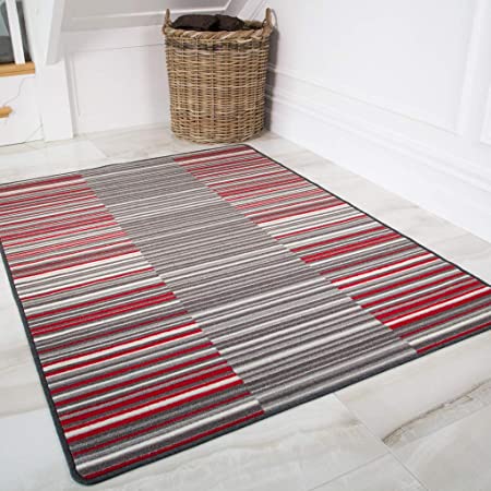 The Rug House Affordable Red Grey Cream Striped Ombre Machine Washable Anti Creep Slip Resistant Mats Runner Rugs