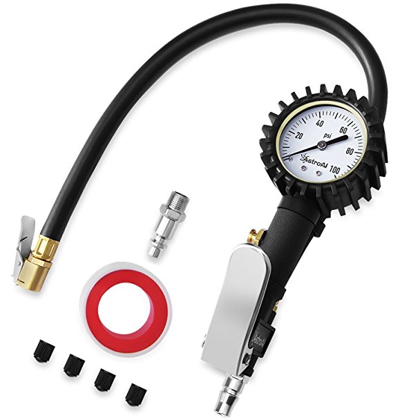 AstroAI Upgraded Version Tire Inflator with Pressure Gauge, 100 PSI Air Chuck Compressor Accessories Mechanical Heavy Duty with Rubber Hose and Quick Connect Coupler