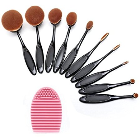 BeautyKate Set of 10 pcs Makeup Brush Oval Toothbrush Foundation Powder Blush Soft Face Brush Set   Silicone Makeup Brush Cleaner