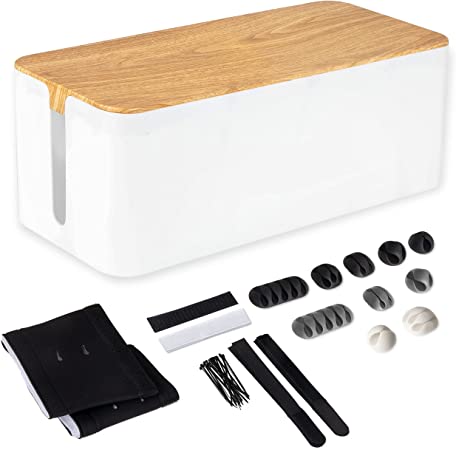 Cable Management Box - Cord Organizer for Wires, Power Strips - with Cable Sleeve, Hook and Loop Strap, Zip Ties, Clips - White Plastic, Wood Top