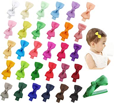 30 Colors 2" Tiny Non Slip Design Hair Bows Clips Fully lined for Baby Girls Fine Hair Infants Toddlers