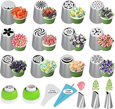 Russian Piping Tips, Cake Decorating Supplies, 28Pcs Cake Decorating Tips Baking Supplies Set Icing Piping Tips for Baking Cupcake Birthday Party, 15 Flower Frosting Tip 2 Couplers 10 Pastry Bags