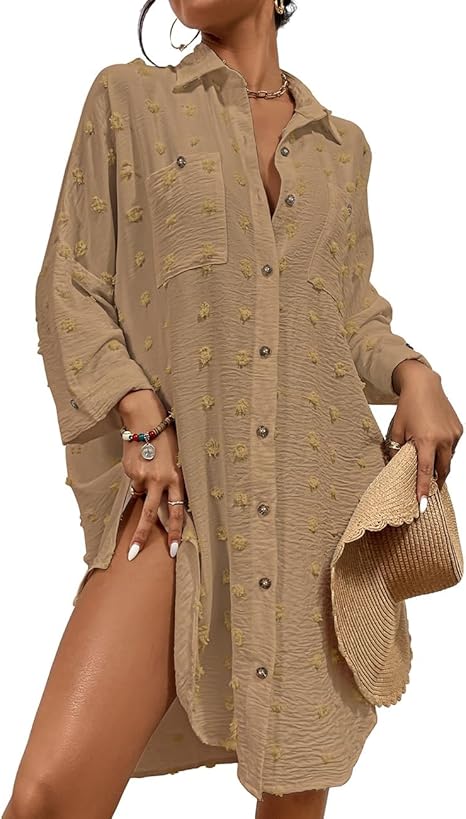 Bsubseach Women Swimsuit Coverup Blouse Button Down Shirt Dresses Swiss Dot Tops