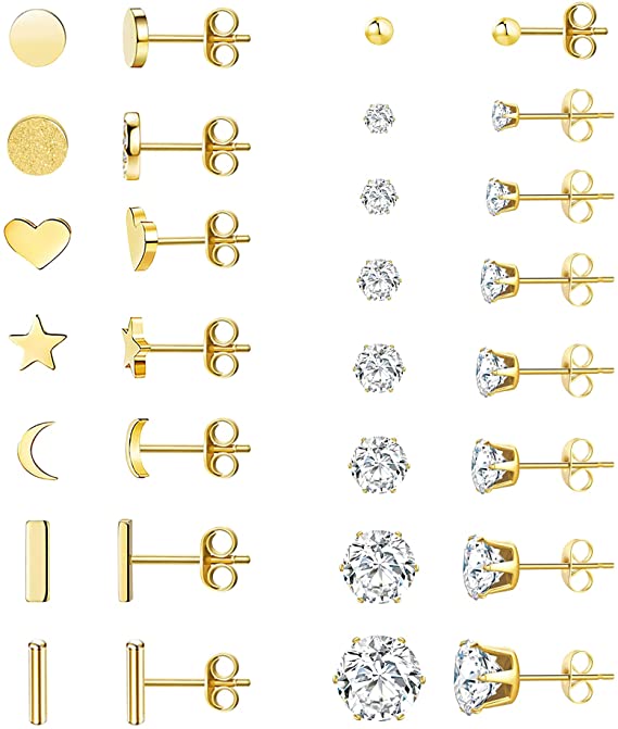 W&P 15 Pairs 18K Yellow Gold Plated Stud Earrings for Women Men Hypoallergenic Round Cubic Zirconia 18G Stainless Steel Star Moon Heart Disc Ball Cute Bar Earring Sets