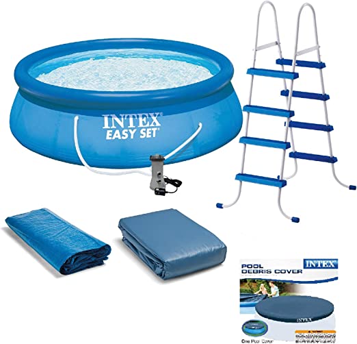 Intex Above Ground Swimming Pool, Ladder with Pump and 15’ Pool Debris Cover