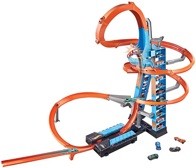 Hot Wheels Sky Crash Tower Track Set, 2.5  ft / 83 cm High with Motorized Booster, Orange Track & 1 Vehicle, Race Multiple Cars, Gift for Kids 5 to 10 Years Old & Up