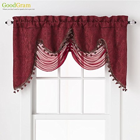 Ultra Elegant Clipped Jacquard Georgette Fringed Window Valance With an Attached Sheer Swag by GoodGram - Assorted Colors (Burgundy)