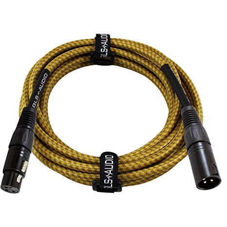 GLS Audio 15 Foot Mic Cable Balanced XLR Patch Cords - XLR Male to XLR Female 15 FT Microphone Cables Brown Yellow Tweed Cloth Jacket - 15 Feet Mike Pro Snake Cord 15’ XLR-M to XLR-F - SINGLE