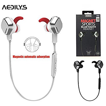 Sports Headphones ,AEDILYS® Riginal Unique Magnet Headset Bluetooth 4.1 Earphone,Wireless Portable Stereo Lightweight Noise Cancellation In-Ear Magnet Headphone, with Mic, Volume Control ,Remote