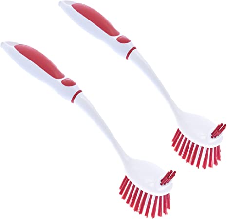 Kitchen Brush Scrubber with Rubber Grip Handle, Dish Cookware and Vegetable Brush, Non-Scratch Soft Bristles - Double Sided Sturdy Bristles, All Purpose Cleaner. By Superio (Red Red)