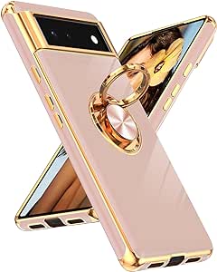 LeYi for Google Pixel 6 Case: 360° Rotatable Ring Holder Magnetic Kickstand, Plating Rose Gold Edge Protective Google Pixel 6 Case, Pink